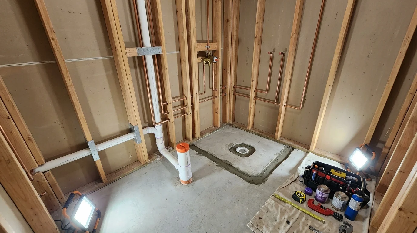 Bathroom rough-in plumbing during remodel by Johns Plumbing LLC in Massapequa Park