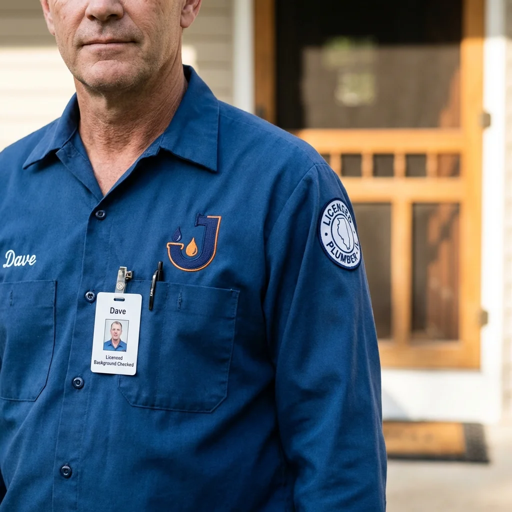 Licensed plumber showing ID badge in Massapequa Park, NY