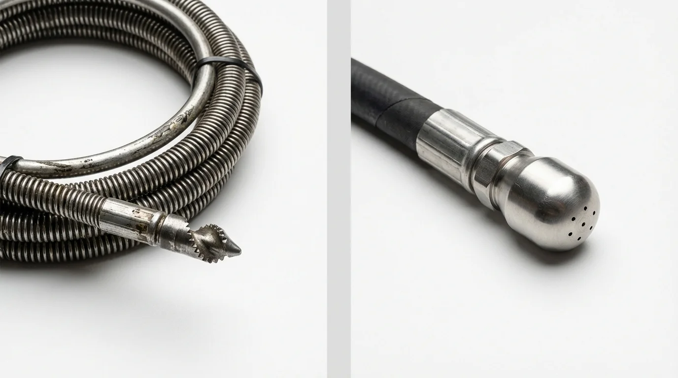Drain snake cable and hydro jetting nozzle used for drain cleaning in Massapequa Park, NY