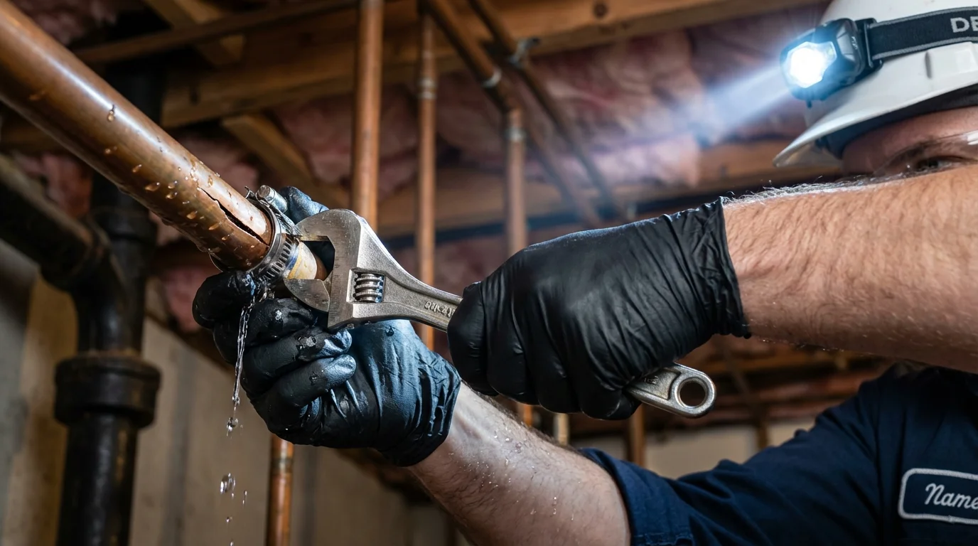 Emergency pipe clamp repair being performed by a Johns Plumbing LLC plumber in Massapequa Park