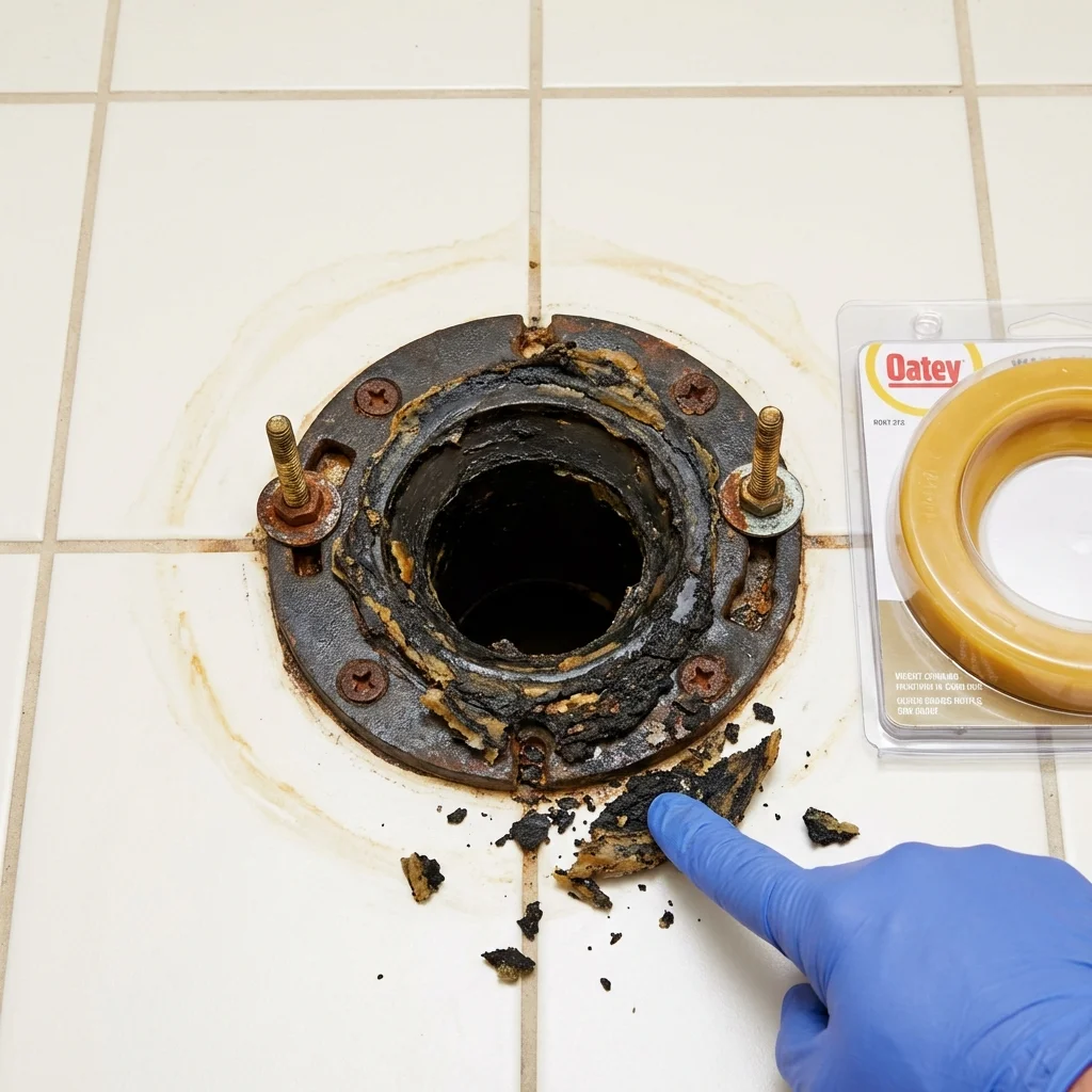 Failed wax ring showing water seepage at the base of a toilet in a Massapequa Park, NY home