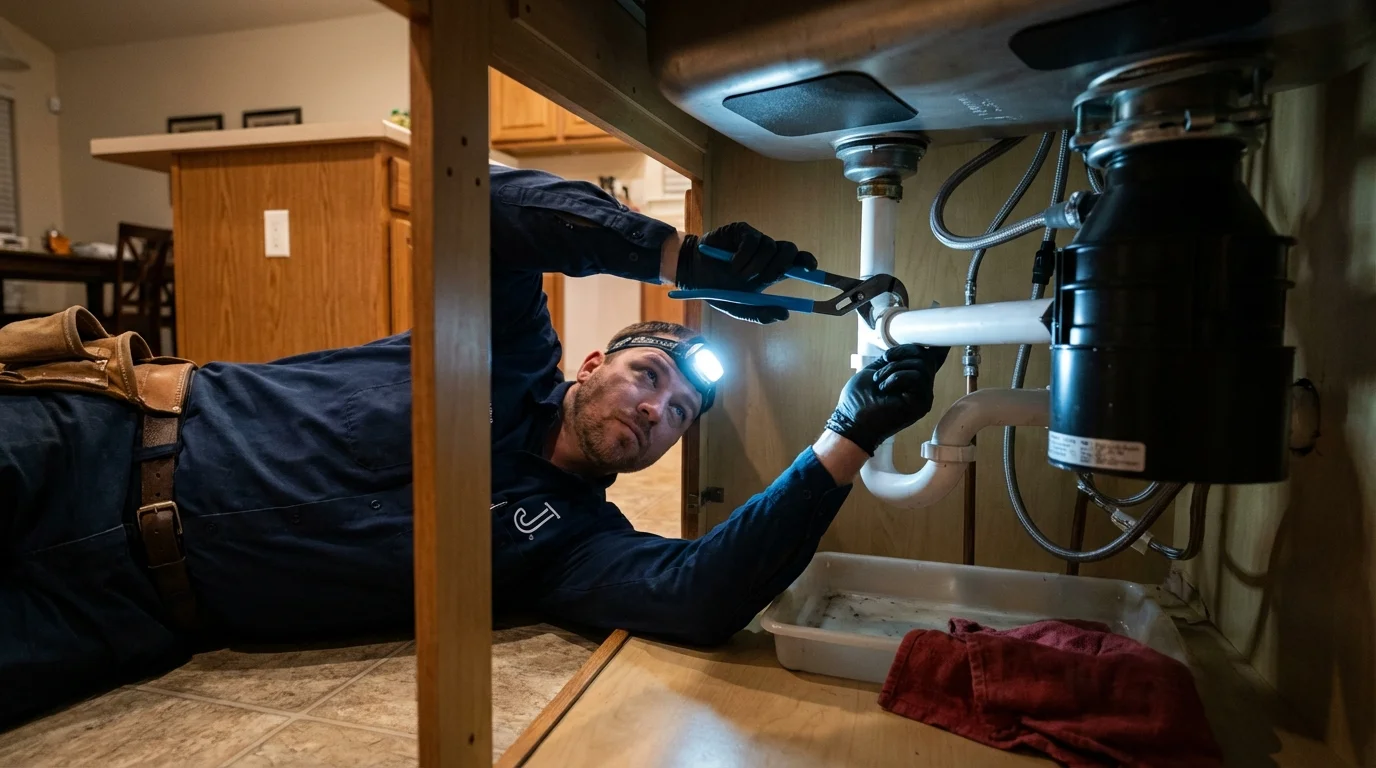 P-trap and supply line connections under a kitchen sink showing a common leak point in Massapequa Park, NY